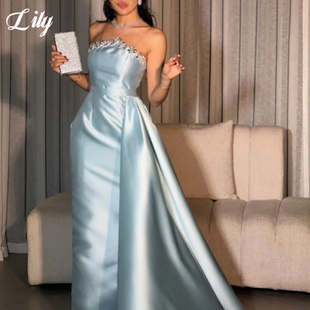 Elegant Satin Evening Gown Split - Lily Blue Elegant Formal Gown Shiny