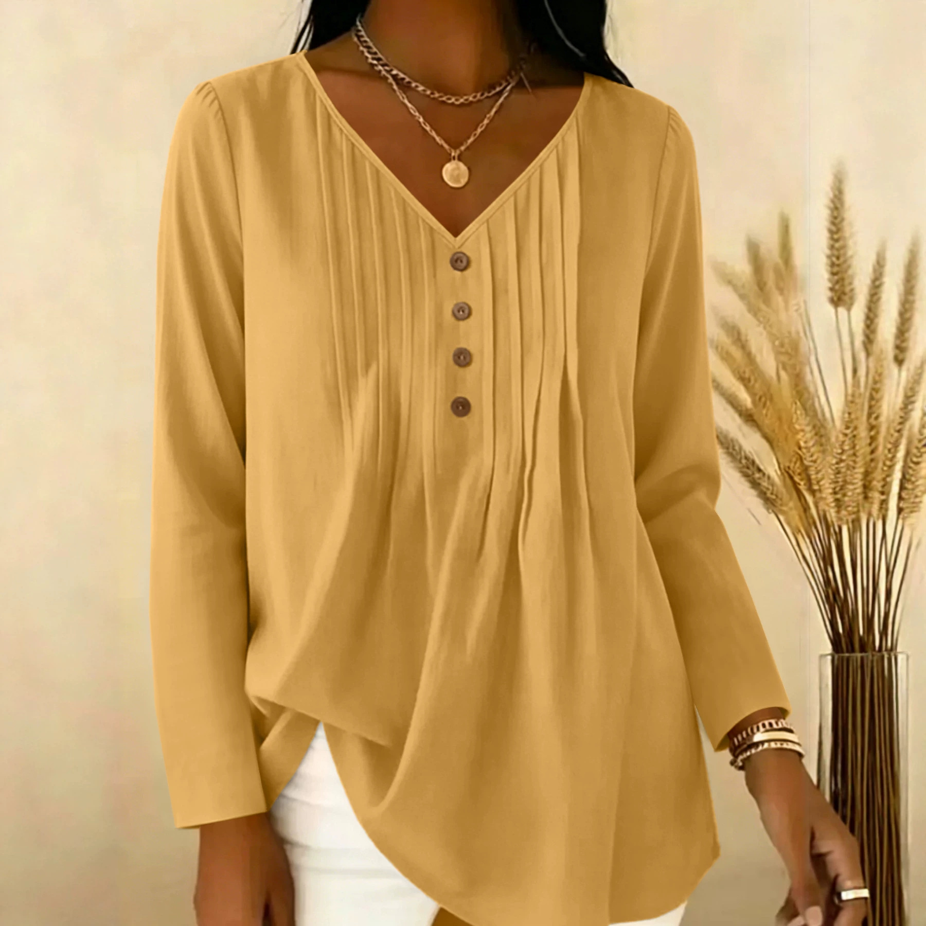Blouses - Gentle Early Autumn V-Neck Half Button