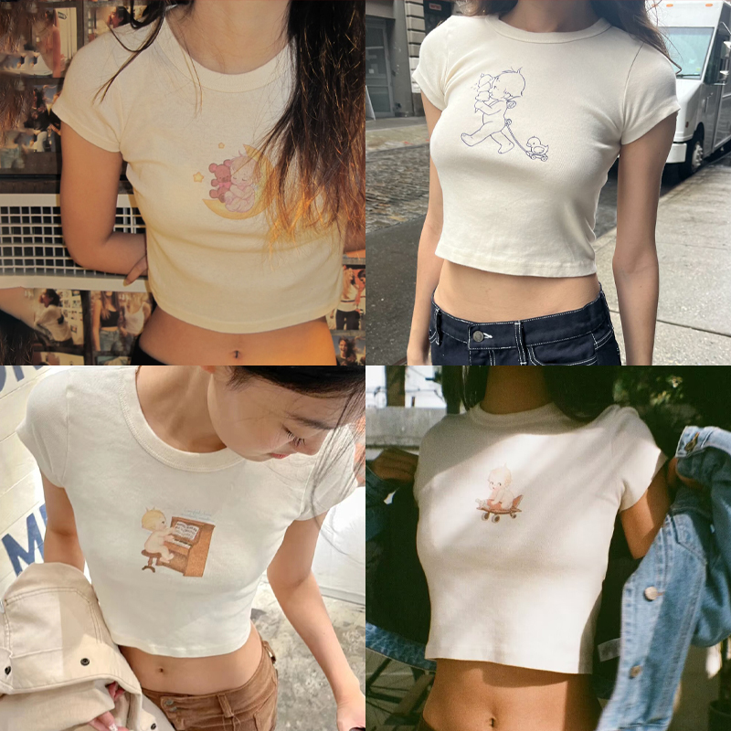 Y2K Graphic Baby Tee Crop - Angel Baby Graphic Slim T-shirts Women