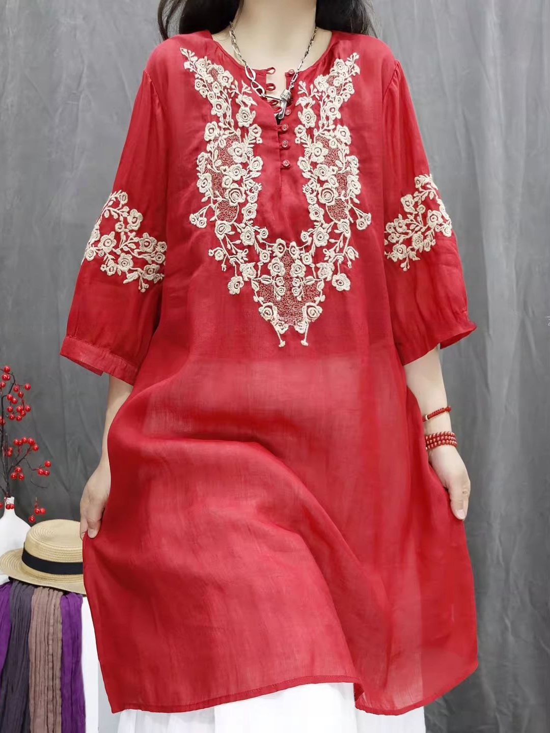 Retro Cotton Linen Embroidered - огляд і ціна Casual Loose Linen Shirt Dress