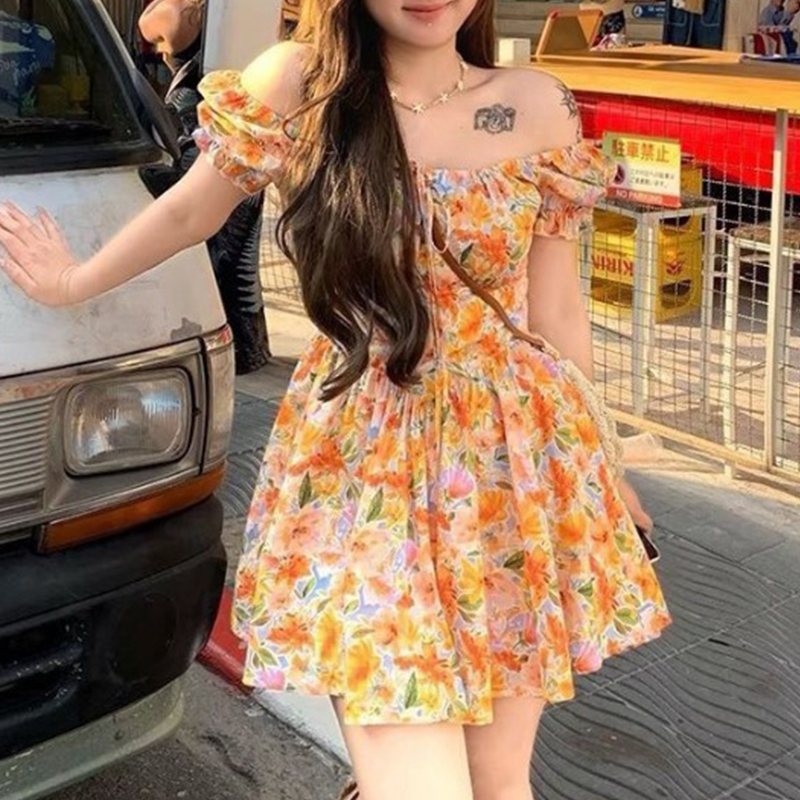 Womens Orange Floral Print Off - огляд і ціна Off Shoulder Puff Sleeve Sundress