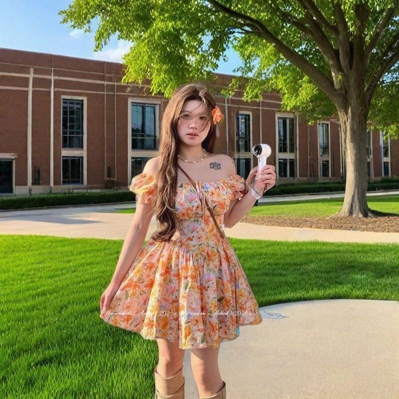 2026 new Orange Floral Print O - огляд і ціна Off Shoulder Puff Sleeve Sundress