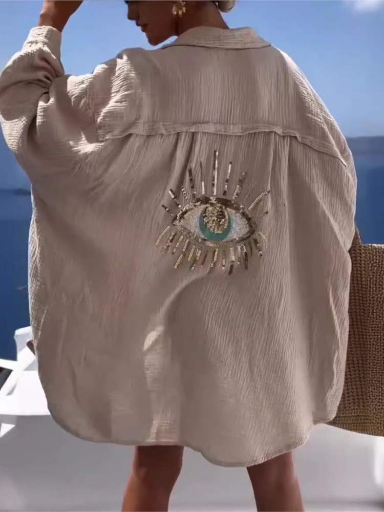 Summer Casual Sequin Eye Shirt - огляд і ціна Casual Loose Linen Shirt Dress