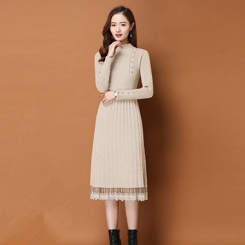 Lace Hem Buttons Women Autumn  - огляд і ціна Bodycon Long Sleeve Ribbed Dress