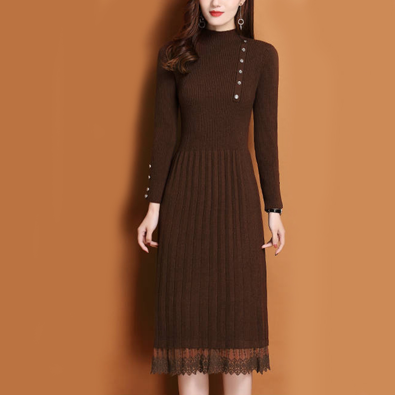 Lace Hem Buttons Women Autumn  - огляд і ціна Bodycon Long Sleeve Ribbed Dress