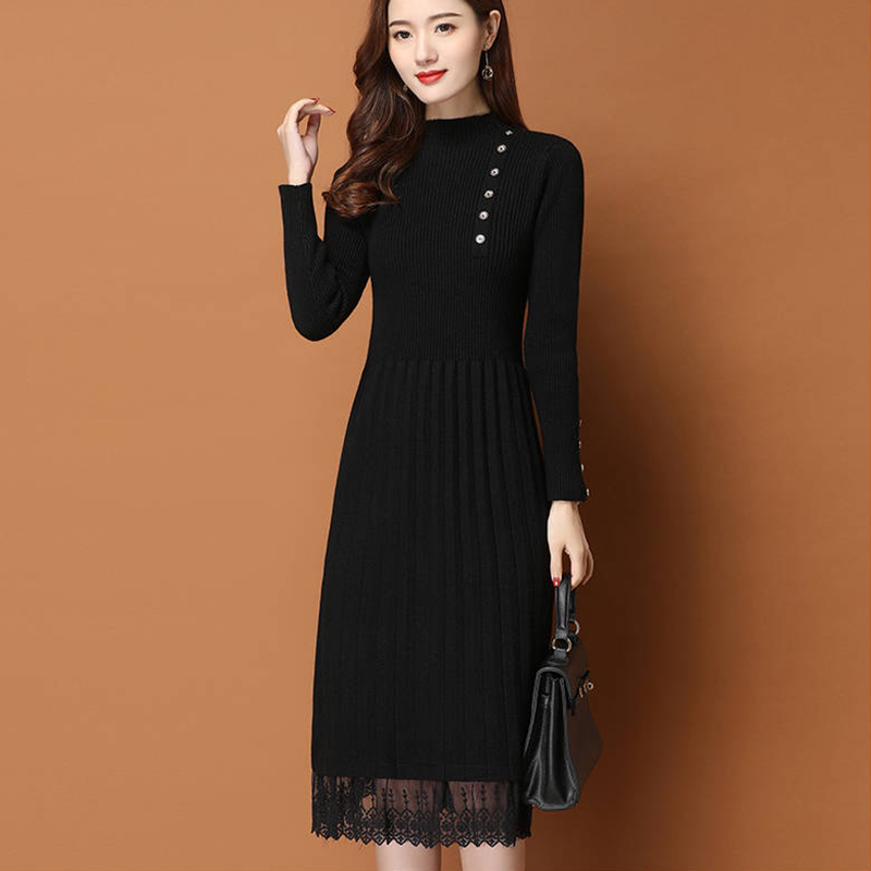 Lace Hem Buttons Women Autumn  - огляд і ціна Bodycon Long Sleeve Ribbed Dress