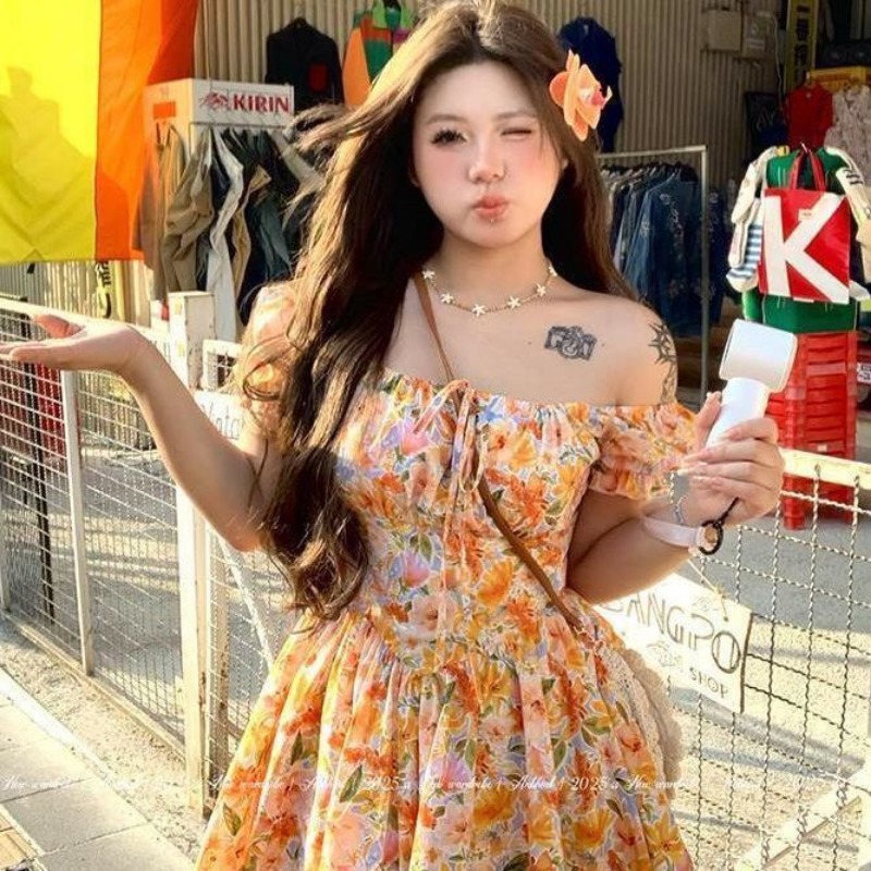 Hotsale Orange Floral Print Of - огляд і ціна Off Shoulder Puff Sleeve Sundress